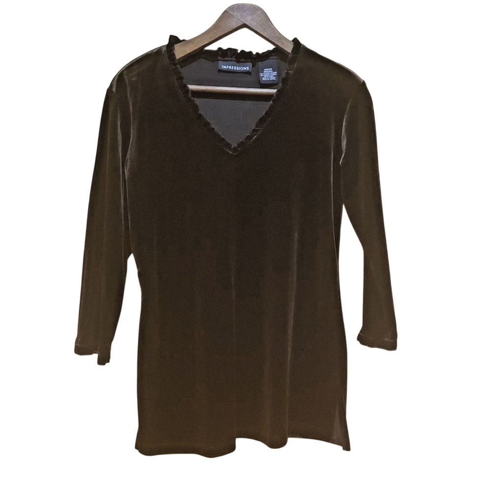 Vintage Impressions Womens Y2K Brown Velvet Top Ruffle‎ Size M Vamp Whimsigoth